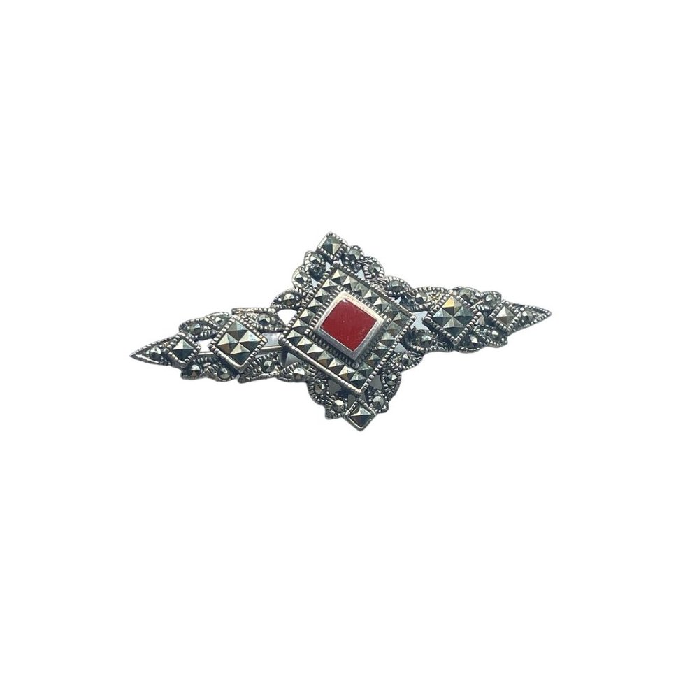 Vintage Sterling Silver and Marcasite Bar Pin Brooch Silver 925 Genuine Stones